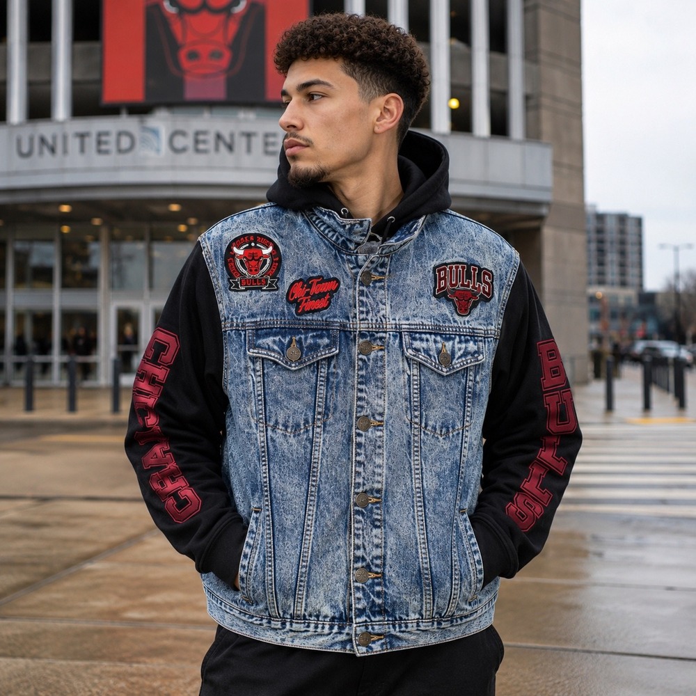 Chicago Bulls NBA Denim Jacket Hoodie Medium Embroidered Patches